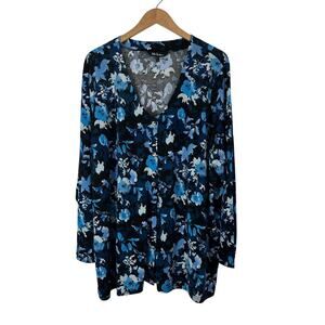 Ulla Popken Button Up Blouse Tunic Womens Size 24 Blue Floral V Neck Stretch Top